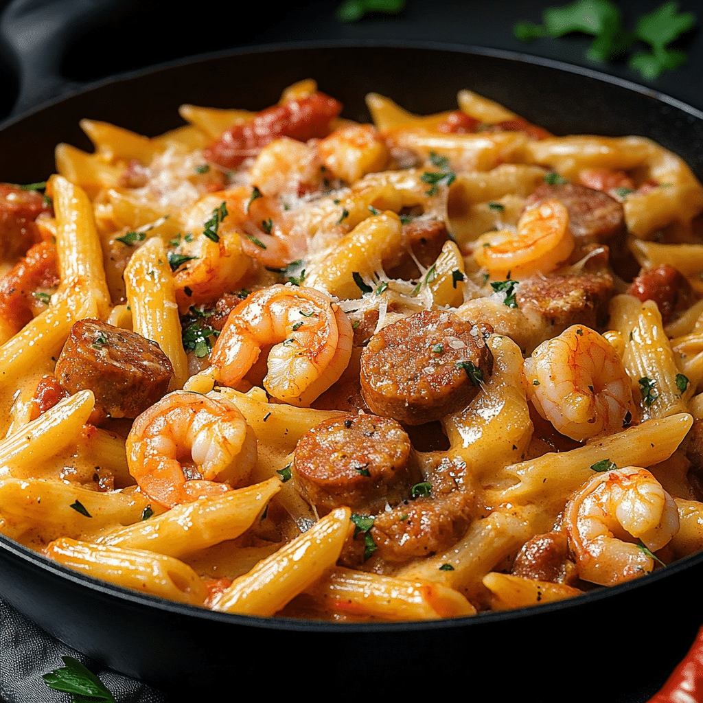Garlic Butter Shrimp and Sausage Skillet Pasta