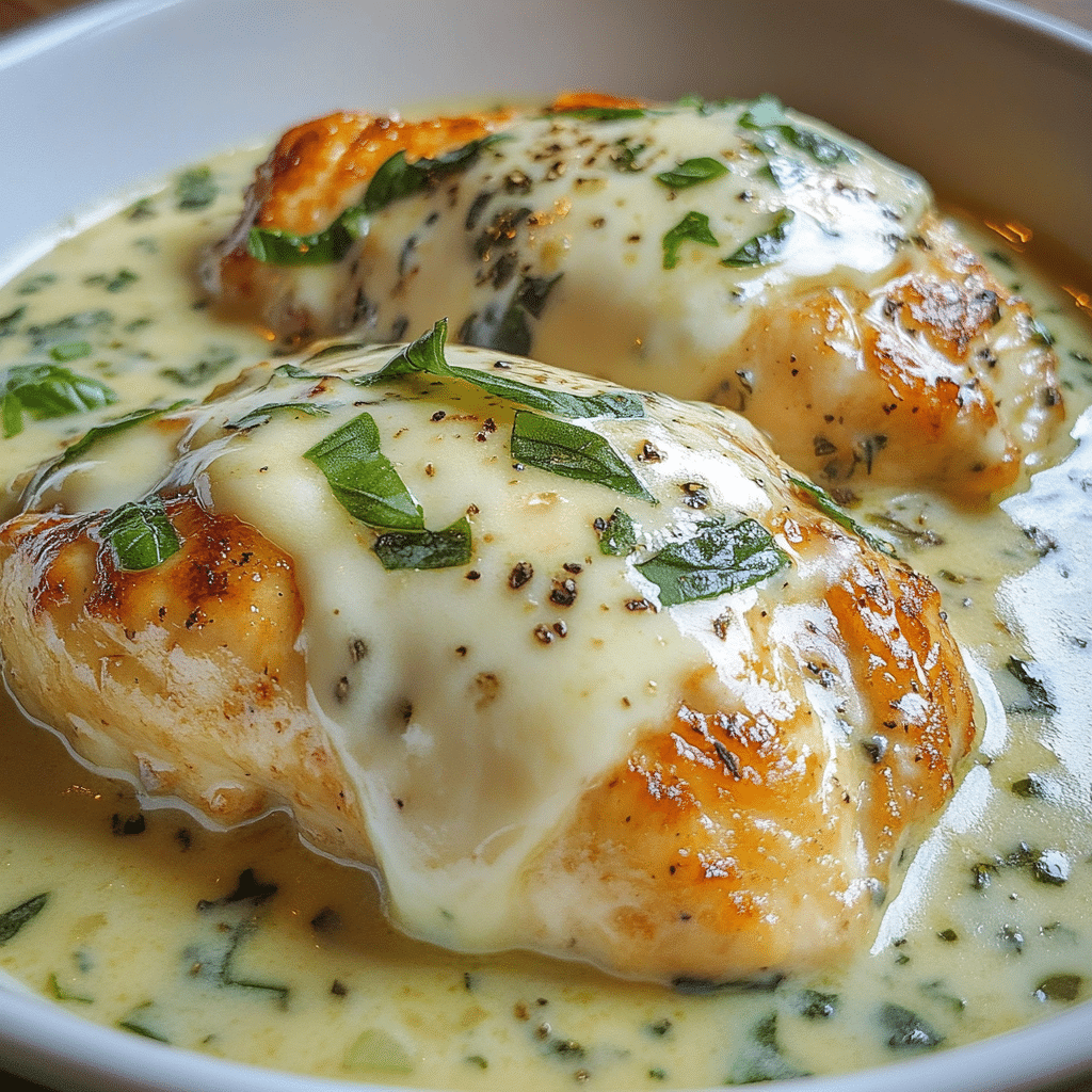 Mozzarella Chicken in Basil Cream Sauce