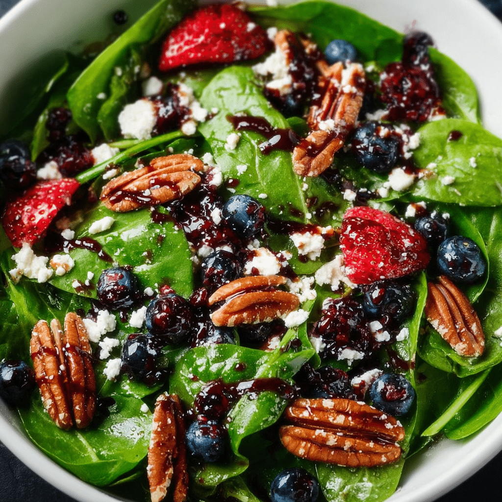 Berry Spinach Salad with Pecans, Feta, and Balsamic Glaze