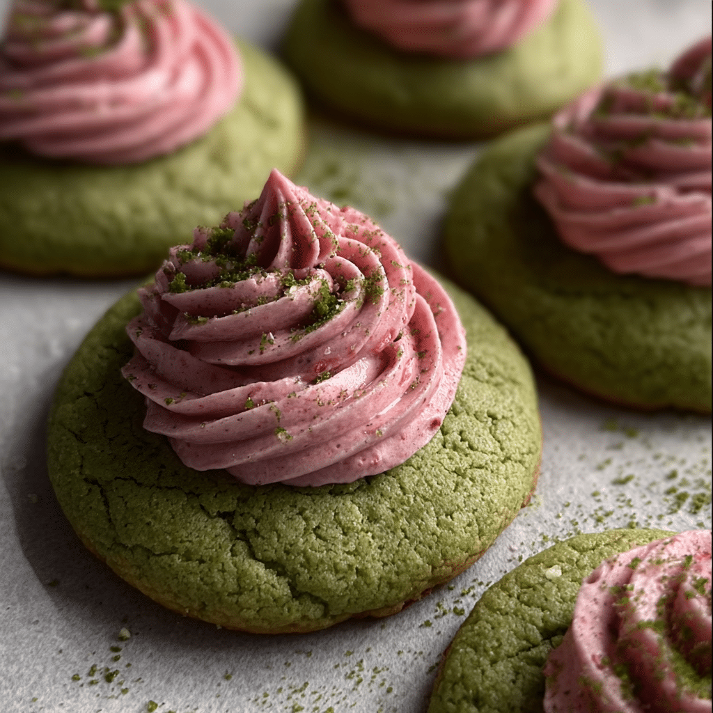 Strawberry Frosted Matcha Cookies