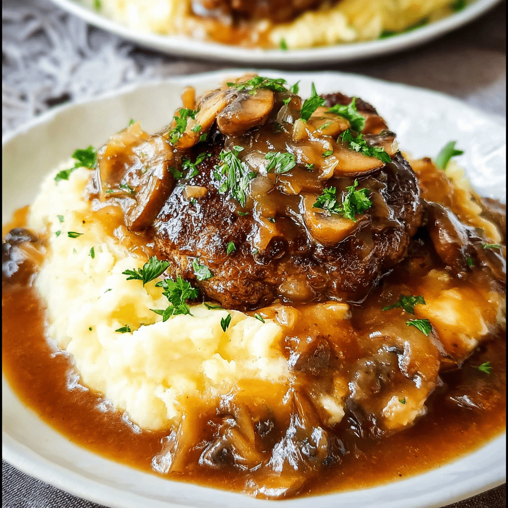 Salisbury Steak with Garlic Mashed Potatoes and Mushroom & Onion Gravy