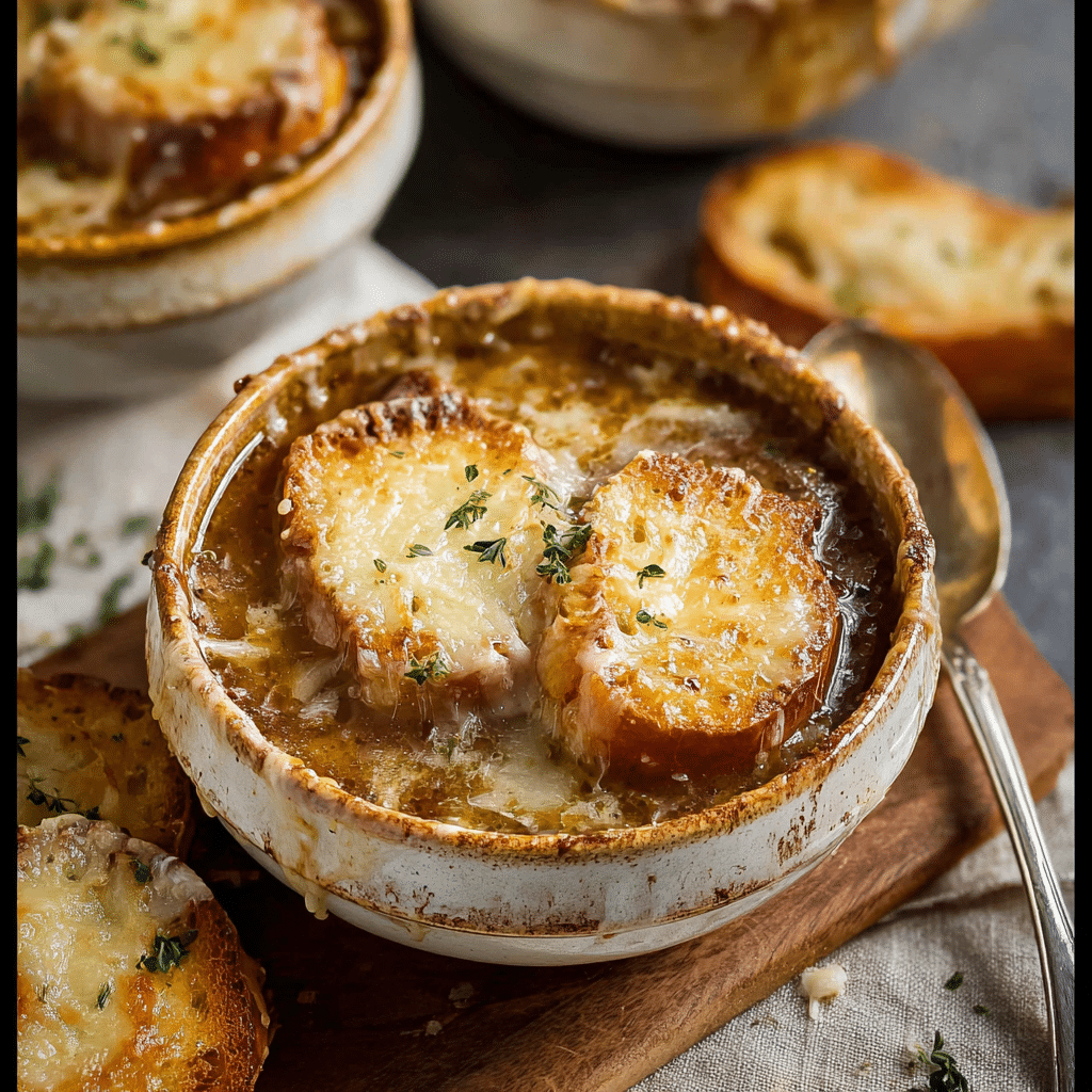 French Onion Soup with Cheesy Baguette Croutons